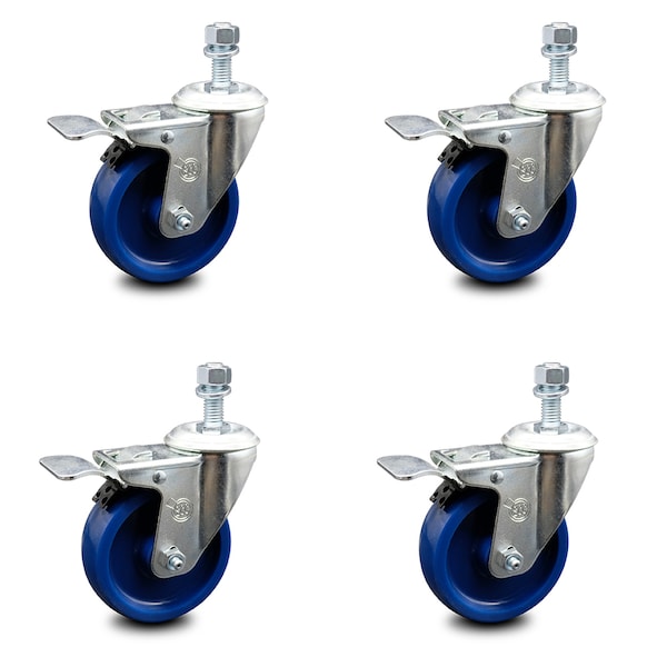 4 Inch Solid Polyurethane Swivel 1/2 Inch Stem Caster Set with Total Lock Brake